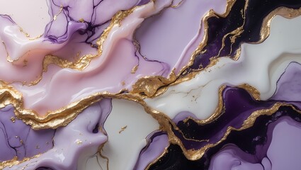 Abstract flowing purple and gold veins with white and pink marble texture background