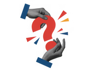 Black and white hands holding a big red question  mark. Modern collage style. Illustration on transparent background