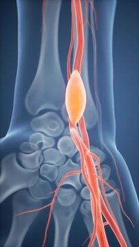 3D animation of Carpal Tunnel Syndrome with an inflamed median nerve.