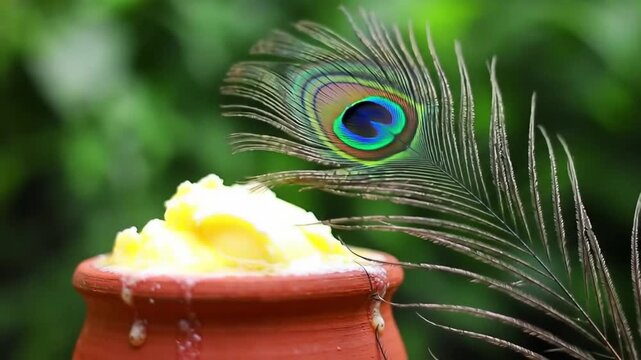 animation of a peacock feather gently falling next to a pot of butter (makhan).