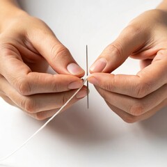 Skilled hands precisely threading a needle with fine material demonstrating craftsmanship