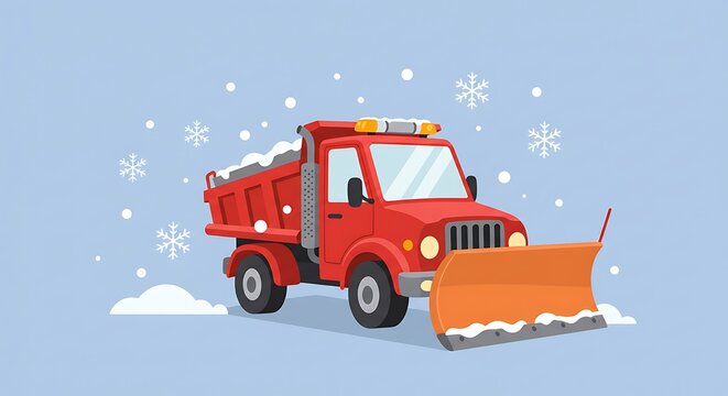 Cartoon illustration showcasing a red snowplow truck during winter snowfall environment