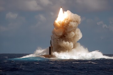 Nuclear war. Launch of a nuclear ballistic intercontinental missile from submarine. The submarine releases its deadly payload, an intercontinental nuclear missile climbing skyward.