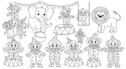 Circus Animals and Clowns Black and White Illustration.