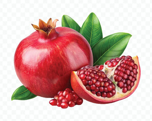 fresh pomegranate with slice and  leaves in different style isolated on transparent background