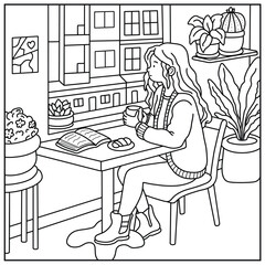 A girl drinking coffee in a cafe coloring page for adult