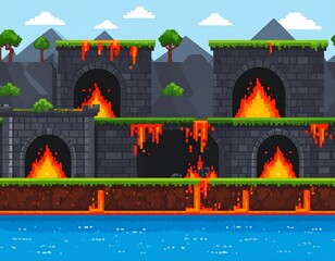 Pixelated landscape with fiery arches and lava