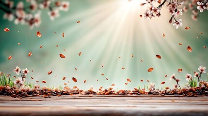 Sunlight filters through blossoming branches.