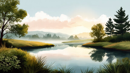 Serene landscape with calm river, soft clouds, green trees, sunrise, peaceful mood, reflective water, nature