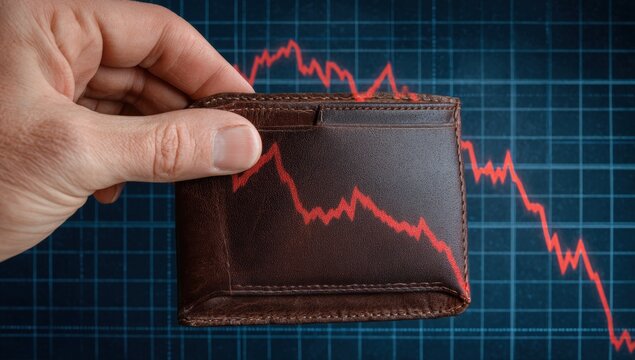 Hand holding a brown leather wallet against a backdrop of a downward trending graph