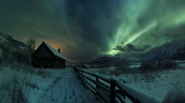 Aurora Borealis Illuminating Snowy Landscape with Cabin at Night