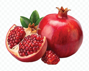 fresh pomegranate with slice and  leaves in different style isolated on transparent background