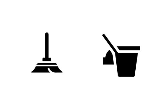 Silhouette icons a broom a bucket with mop cleaning