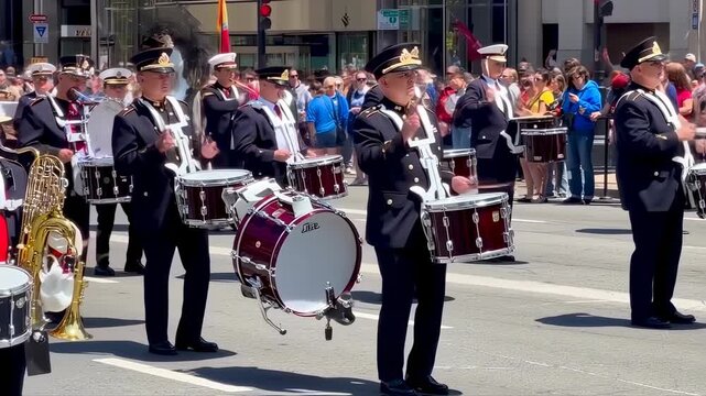 Marching band performing outdoors during a parade captivating the crowds with vibrant music and