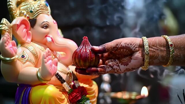 majestic idol of Lord Ganesha being worshipped, with a close-up on a hand offering a modak (sweet dumpling).