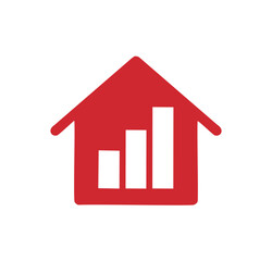 Red house shape with rising bar graph inside building