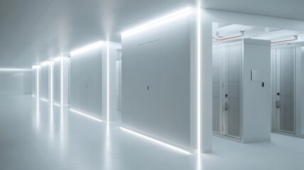 Ethereal White Corridor - Minimalist Architectural Interior with Glowing Linear Lighting.