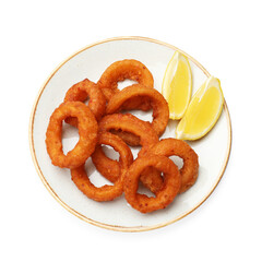 Fried squid rings and lemon isolated on white, top view