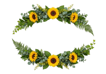 Oval floral arrangement with sunflowers and greenery isolated on transparent background