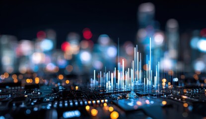 Abstract city skyline overlaid with data visualization