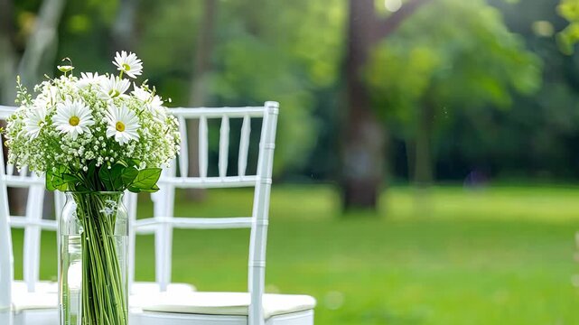 A beautiful bouquet of daisies adorns a table surrounded by white chairs in a lush outdoor environment, perfect for gatherings