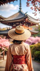 Obraz premium Woman in traditional Japanese attire, serene temple setting