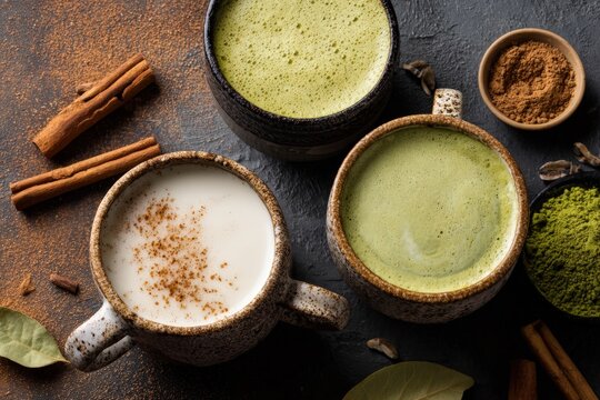Three cups of matcha and chai lattes on a dark background with spices