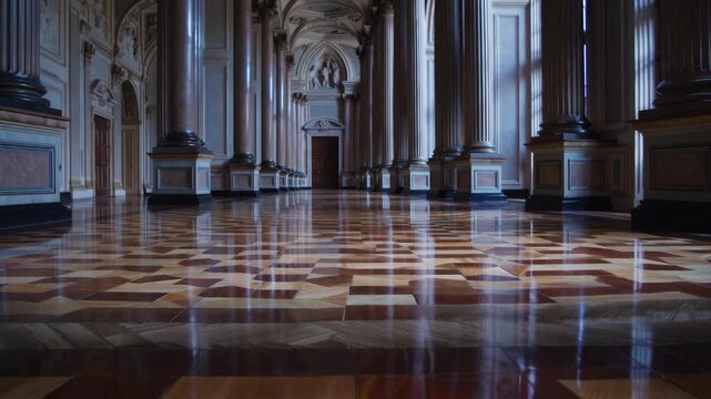 AI-generated corridor featuring reflective parquet flooring, towering pillars, and ornate decor