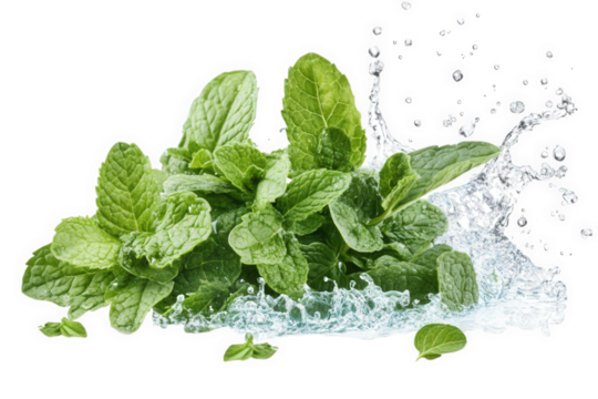 Fresh mint leaves splashing in water isolated on transparent background