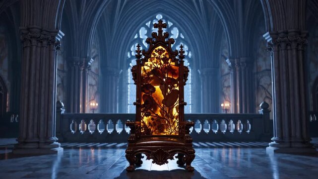 AI-generated a luminous, intricately carved throne centered in a majestic cathedral's nave