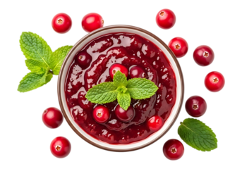 Delicious cranberry sauce with fresh mint leaves isolated on transparent background