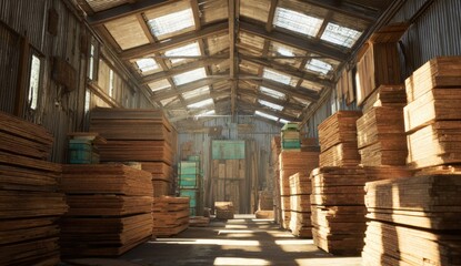 Interior of a sunlit wooden goods warehouse