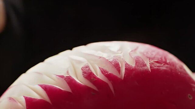 Close-up of a white and red bulbous vegetable with dark background, food preparation
