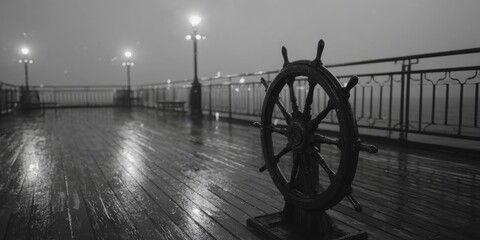 Foggy pier with a ship's wheel