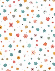 Fototapeta premium Whimsical Retro Floral Meadow with Scattered Teal Orange and Pink Blossoms.
