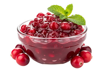 Fresh cranberry sauce in a glass bowl with mint garnish and whole cranberries isolated on transparent background