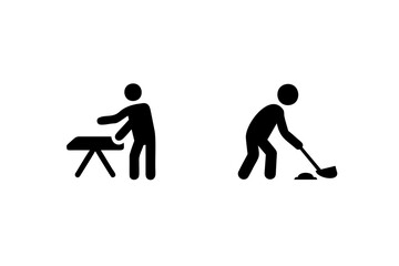 Silhouette icons person ironing person sweeping floor cleaning
