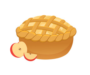 Apple pie sweet food isolated on white background. Cartoon vector illustration of fresh apple tart. Autumn dessert homemade. Cute bakery with apple fruit harvest. Farm cottagecore theme. Flat design.