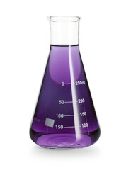 Conical flask with violet liquid isolated on white