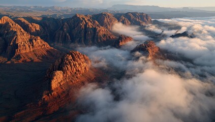 Aerial view of sandstone mountains shrouded in morning mist