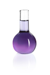 Round flask with violet liquid isolated on white