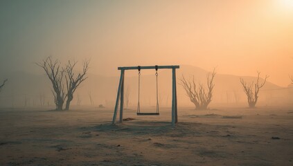Desolate swing in a dusty, foggy landscape at dawn