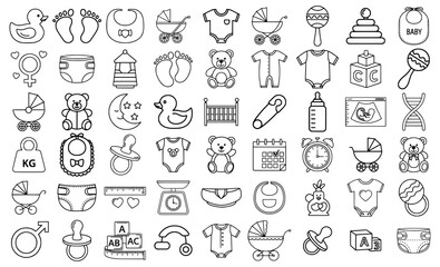 Birth Baby Set Svg. Large set of baby and newborn outline icons, including toys, clothes, essentials, and symbols, perfect for maternity, childcare, and kids' design projects.