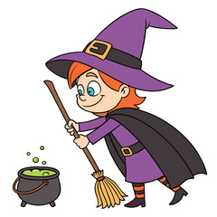 Obraz premium Cartoon witch with orange hair in a large purple hat, matching dress, black cape, and striped stockings, smiling while stirring a bubbling green potion in a black cauldron with a broomstick.