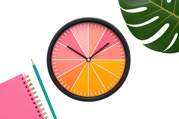 Colorful clock face with pink notebook and pencil isolated on white background