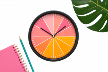Colorful clock face with pink notebook and pencil isolated on white background