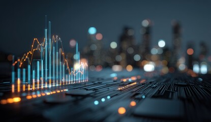 Abstract financial data overlaid on a futuristic cityscape