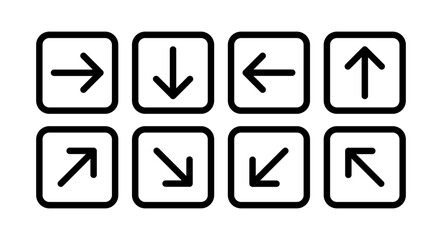 Arrow buttons pointing left, right, up, and down with diagonal directions representing navigation, movement, interface control, digital cursor keys, and web or app design concept