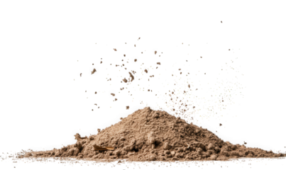 Pile of soil with particles falling isolated on transparent background