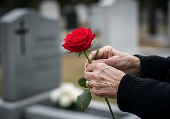 Hands placing a red rose on a grave marker in a cemetery, expressing grief and remembrance.